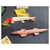 Vintage Fishing Tackle Box with Assorted Wooden Lures and Accessories