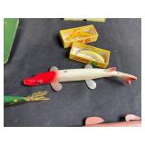 Vintage Fishing Tackle Box with Assorted Wooden Lures and Accessories