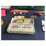 Vintage Fishing Tackle Box with Assorted Wooden Lures and Accessories