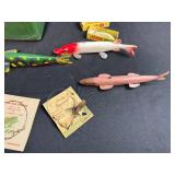 Vintage Fishing Tackle Box with Assorted Wooden Lures and Accessories