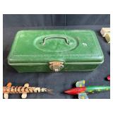 Vintage Fishing Tackle Box with Assorted Wooden Lures and Accessories