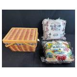 Vintage Woven Picnic Basket with 2 Souvenir Travel Throw Pillows