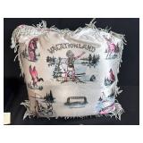 Vintage Woven Picnic Basket with 2 Souvenir Travel Throw Pillows