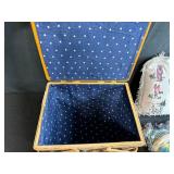 Vintage Woven Picnic Basket with 2 Souvenir Travel Throw Pillows