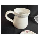 Assorted Vintage Glass Decanters, Ceramic Pitcher, and Syracuse/Sterling China Saucers