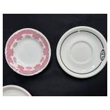 Assorted Vintage Glass Decanters, Ceramic Pitcher, and Syracuse/Sterling China Saucers