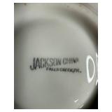 Assorted Vintage Glass Decanters, Ceramic Pitcher, and Syracuse/Sterling China Saucers