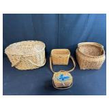 Collection of 4 Woven Baskets with Straps and Painted Lid Detail