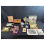 Vintage Decor Collection with Framed Art, Globes, and Americana Flags
