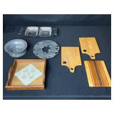 Mixed Kitchenware Collection with Cutting Boards, Serving Tray, and Metal Bowls