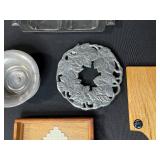 Mixed Kitchenware Collection with Cutting Boards, Serving Tray, and Metal Bowls