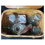2 Wooden Picnic Baskets with Assorted Vintage Glass Bottles Jars