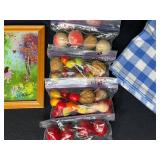 Decorative Figurines, Cat Cookie Jar, Framed Art, Artificial Fruit and Checkered Tablecloths
