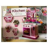 Qaba Kids Play Kitchen with Lights, Sounds, 33 Accessories & Storage for Toddler 3-6 Years