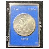 1 TROY OZ .999 FINE SILVER SEATED LIBERTY ROUND IN CASE