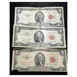 3 US RED SEAL $2 BILLS