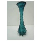 Vintage Hand-Blown Marshall Fields Glass Vase. Tall, Twisted Teal Blue Swirl