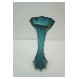 Vintage Hand-Blown Marshall Fields Glass Vase. Tall, Twisted Teal Blue Swirl