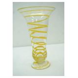 Hand-Blown Art Glass Vase w/Yellow Swirl Ribbon. 11" tall