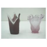 Vintage Fenton Ribbed Ruffled Pink Cranberry Glass Vase; Amethyst handkerchief art glass vase