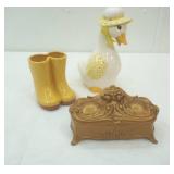 Vintage Art Nouveau gilt Jewelry casket By Jennings Brothers, Goose Statue, Rain boot flower holder