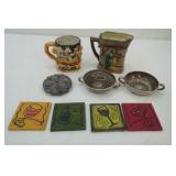 Vintage Royal Doulton Oliver Twist series pitcher, ,Christmas Mug, 2 handled shallow dishes, coasters