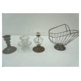 Vintage Candle stick holders , one pewter, glass , glass and pewter, wire bottle holder