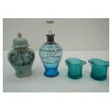 Vintage Blue Glass decanter with silver overlay, Avon toothpick holders, Vintage Satsuma Art Lidded jar