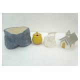 Ceramic blue jean planter, Honey Bee jar, Church, Mary flower holder