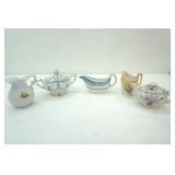 Vintage hand painted creamer, Wedgwood La Normandie gravy boat, Vintage teapot with floral design, pitcher with butterfly, Vintage Flow blue and white  porcelain Tureen serving dish