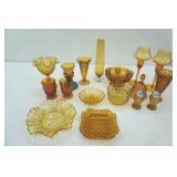 Vintage Fenton Amber Hobnail Pedestal compote ruffled vase, Fenton Wisteria Tree of Life amber ruffled compote dish,  amber candle holders, dishes