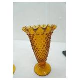 Vintage Fenton Amber Hobnail Pedestal compote ruffled vase, Fenton Wisteria Tree of Life amber ruffled compote dish,  amber candle holders, dishes