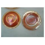 Vintage Federal glass Normandie  pattern marigold carnival glass bread plates(16), dinner plates(7) , luncheon plates(3), cups (9) , 1 other