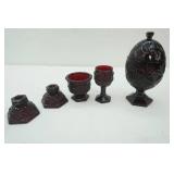 Vintage Luminarc Cristal d Arques Durand Ruby red glass pedestal egg candy dish, Avon Cape Cod Red Ruby glass , stemmed dish, 2 candle holders
