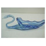 Hand Blown Blue glass art swan bowl , 16" long