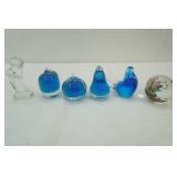 Vintage Blown Glass Murano dove bird blue, pear, apple pumpkin blue paper weights, world weight