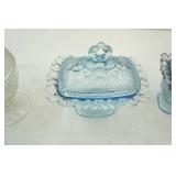 Vintage Indiana Glass old Colony Lace edge Pedestal candy dishes, Duncan & Miller clear covered candy dish