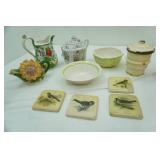Vintage Ceramic Pitcher, Teapots, Coasters, Bowls, enamel canister