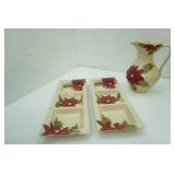 Ceramic Poinsettia Design Pitcher and Relish Trays