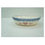 Large Ceramic Mixing/Serving Bowl with Blue Spongeware Rim and Pink Heart Design (oval)