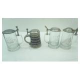 Crystal Etched with Pewter Lid Beer Steins, 1 Pottery Stein w/Pewter Lid