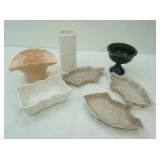 Vintage McCoy Ceramic Cornucopia Vase; UPCO Planter, Ceramic Cylinder Vase, 3 Piece Ceramic Serving Trays, Dark Green Glazed Ceramic Pedestal Dish (Hull?)