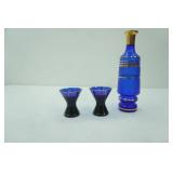 Vintage Bohemian Cobalt Blue and Gold Glass Decanter Set with 2 Cordial Glasses