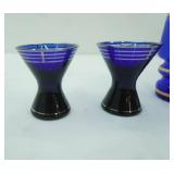 Vintage Bohemian Cobalt Blue and Gold Glass Decanter Set with 2 Cordial Glasses