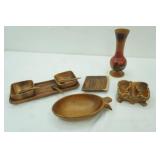 Hand-Painted Wooden Vase w/Asian-Style Landscape Motif; Wooden Bowls, Spoons, Serving Dish