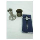Silver-Plated (?) / Silver-Toned Candle Stick Holder, Small Vase, Child Wall Cross
