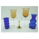 Vintage Cobalt BLue Vases; Long-Stemmed Amber Goblets, 1 smaller stemmed goblet
