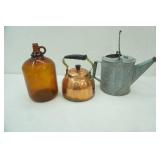 Vintage/Antique Galvanized Watering Can, Copper Tea Pot, Gallon Brown Glass Jug
