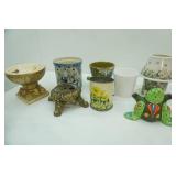 Collection of Planters, Spongeware Crock, Vintage Flour Sifter, Ceramic Frog Coin Bank and more