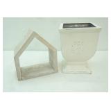 White Metal Planter; Wooden House Decor